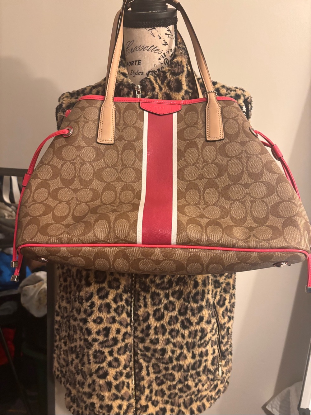 Coach Tan Monogram Tote with Red and White Center Stripe